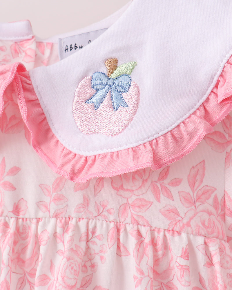 Pink ruffle dress with scalloped peter pan collar and embroidered apple with blue bow