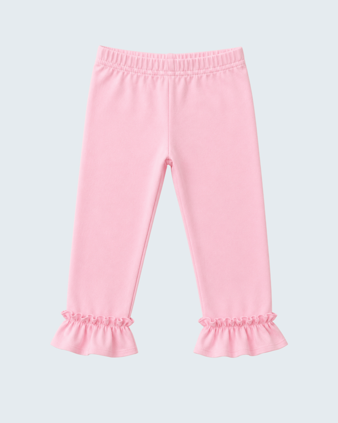 Pink full-length leggings with elastic waistband and ruffle hems