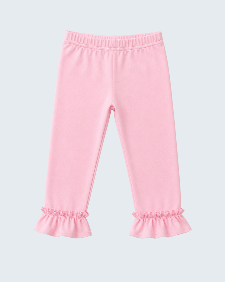 Pink full-length leggings with elastic waistband and ruffle hems
