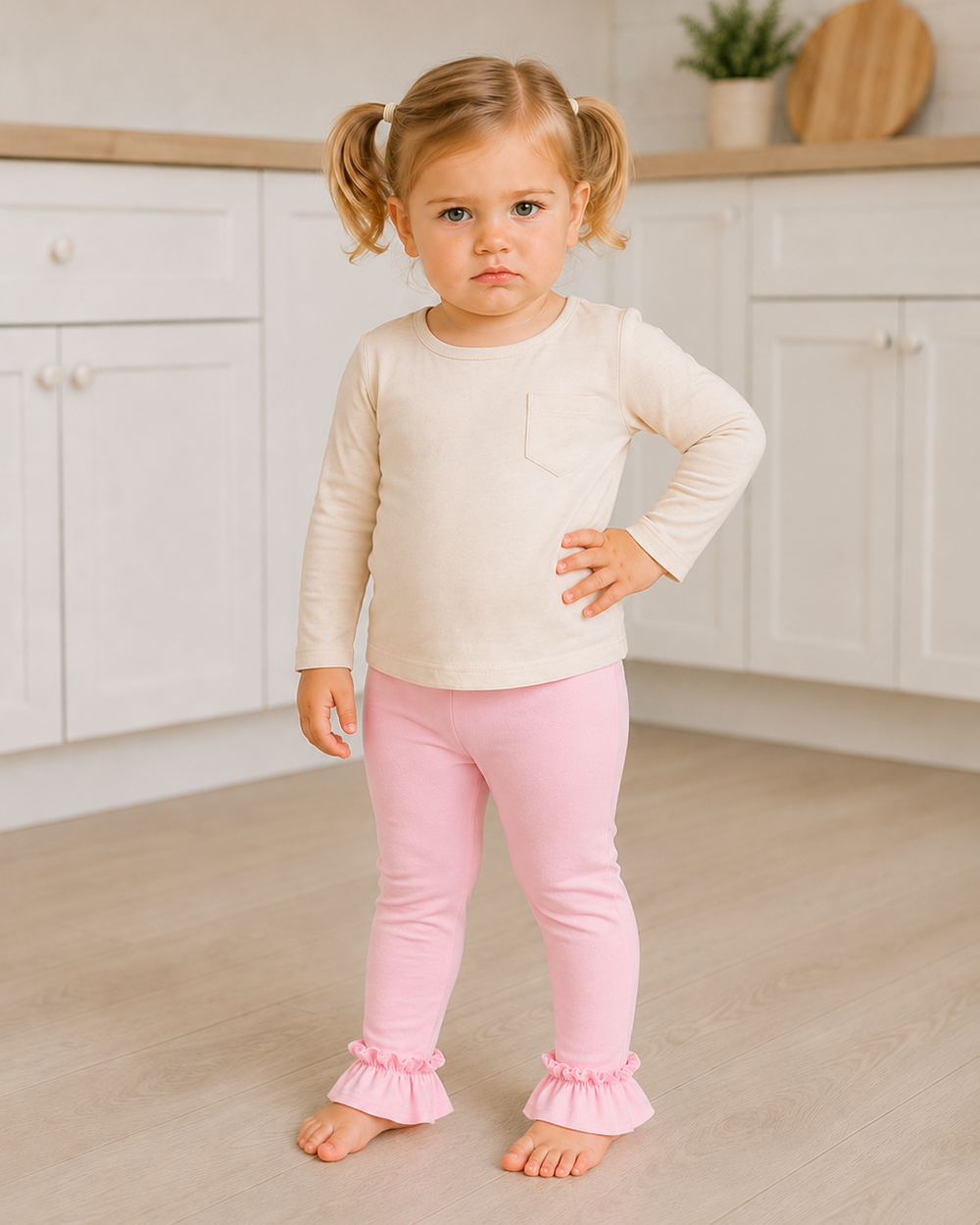 Child wearing pink ruffle leggings with ankle ruffle cuffs