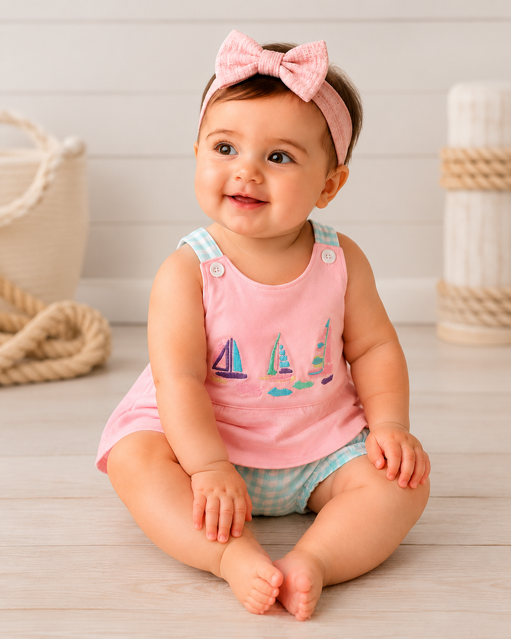 Baby sitting on a wooden floor wearing a pink tank top with sailboat design and a matching headband.