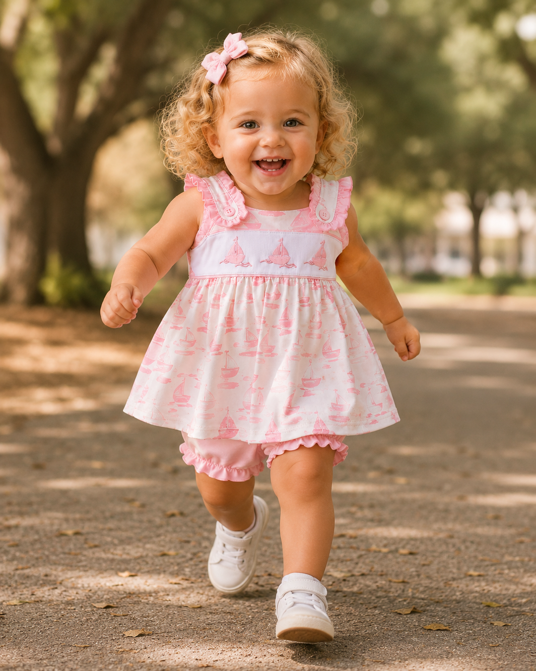 Child in a pink and white dress running outdoors on a path with trees in the background