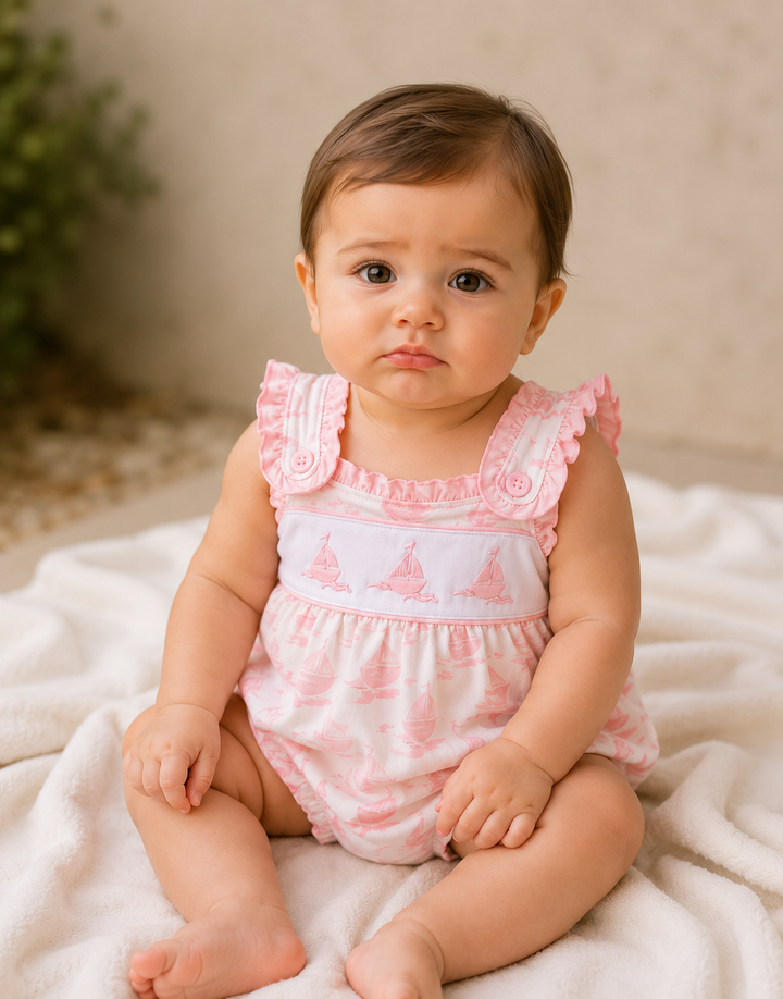 Baby wearing a pink and white romper sitting on a white blanket.