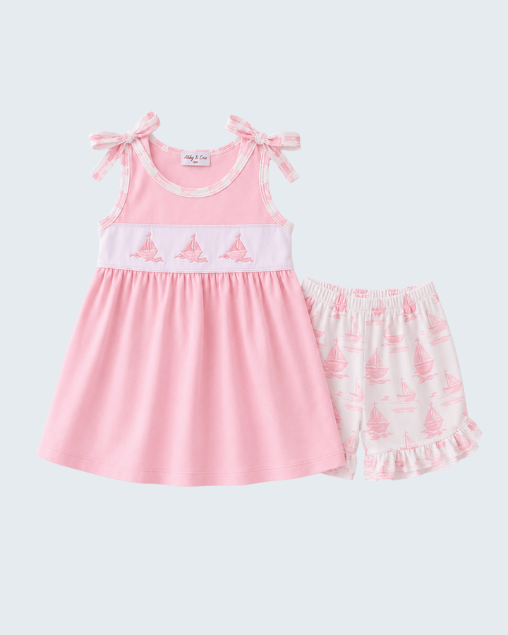 Pink Sailboat Embroidered Knit Set