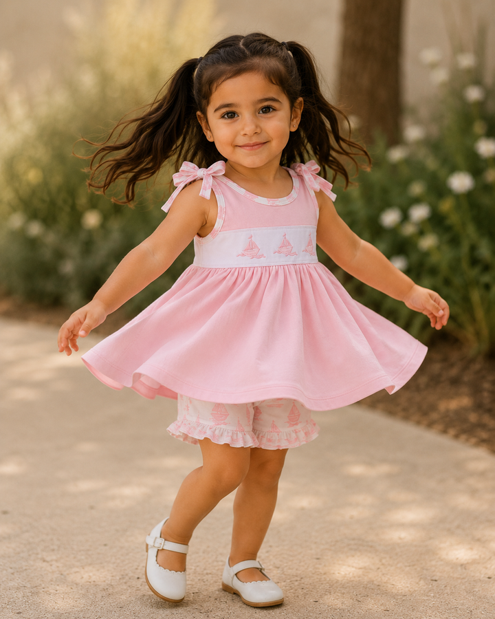 Young girl in a pink dress standing outdoors with greenery in the background