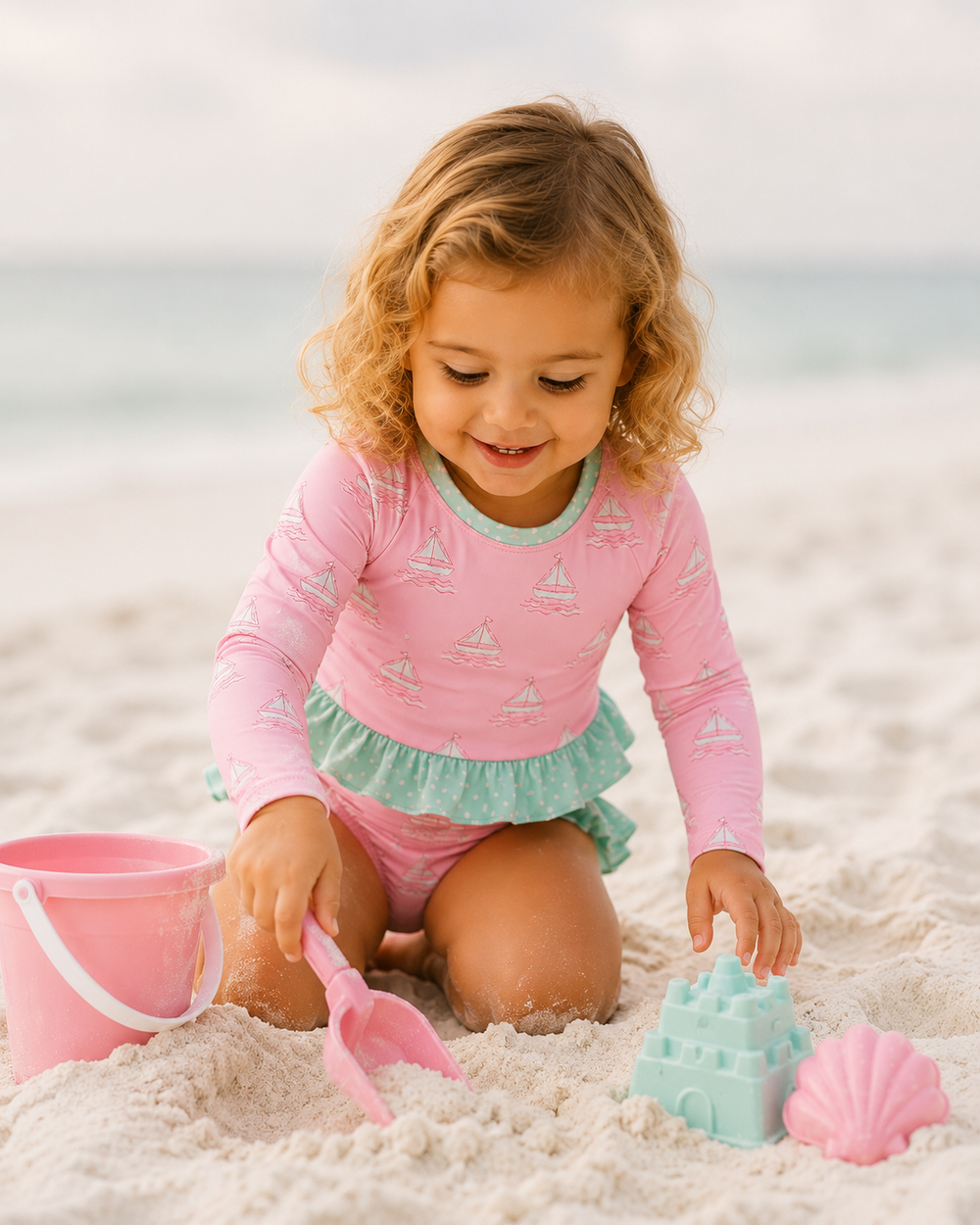 Child playing in the sand with toys on a beach