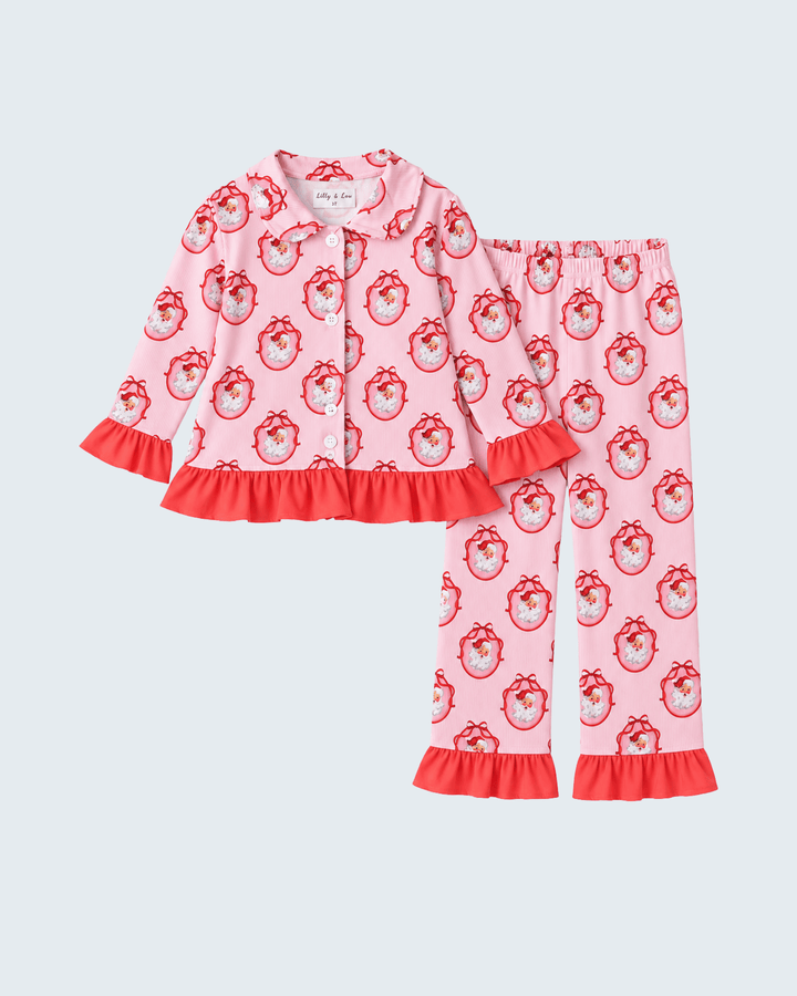 Pink Santa Claus pajama set with long-sleeve top and flared pants