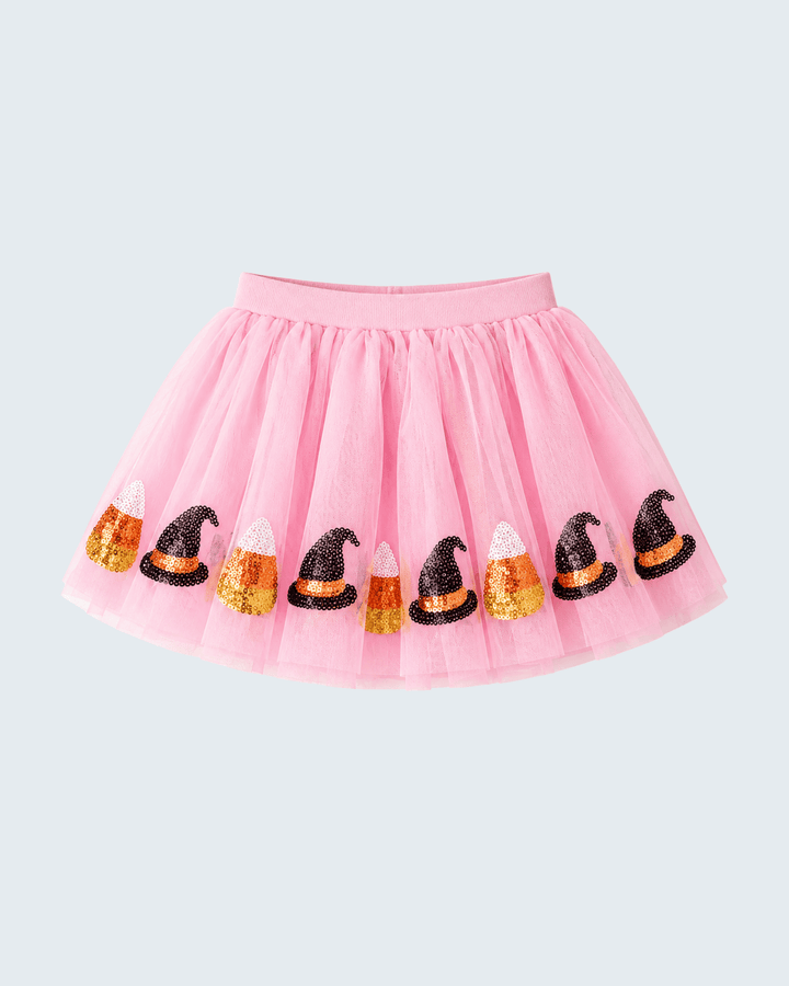 Pink tulle tutu skirt with scattered sequin witch hats and candy corn appliques