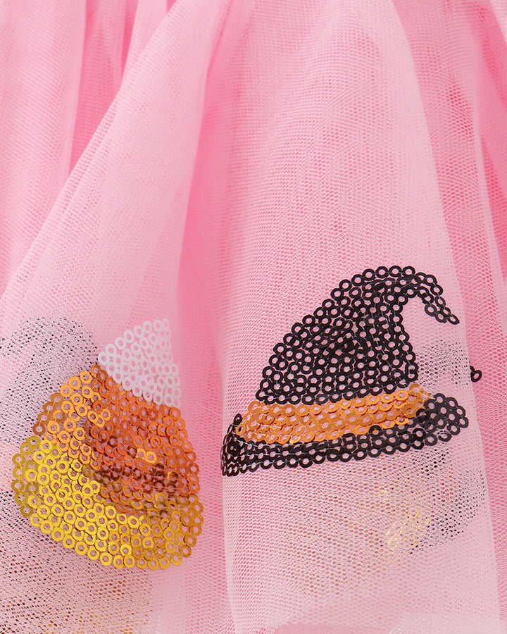 Pink tulle tutu with multicolor sequin candy patches, detailed sequin texture