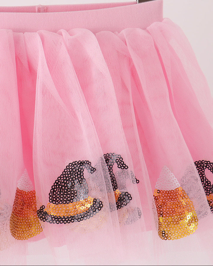 Pink tulle tutu skirt with tiered ruffles and multicolor sequin candy patches