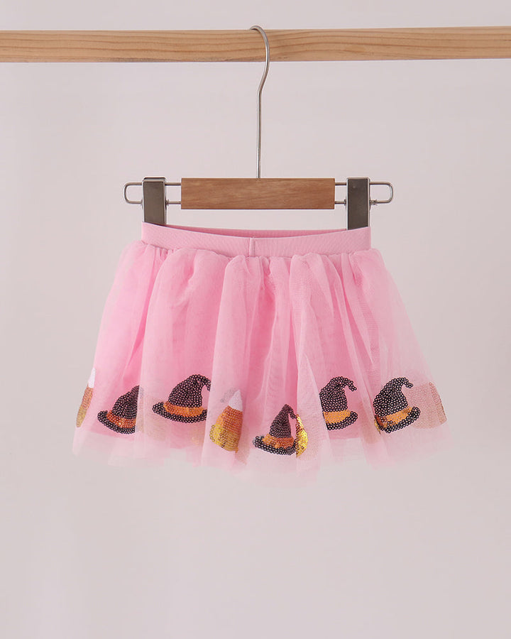 Pink tulle tutu skirt with multicolor sequin candy patches and elastic waist
