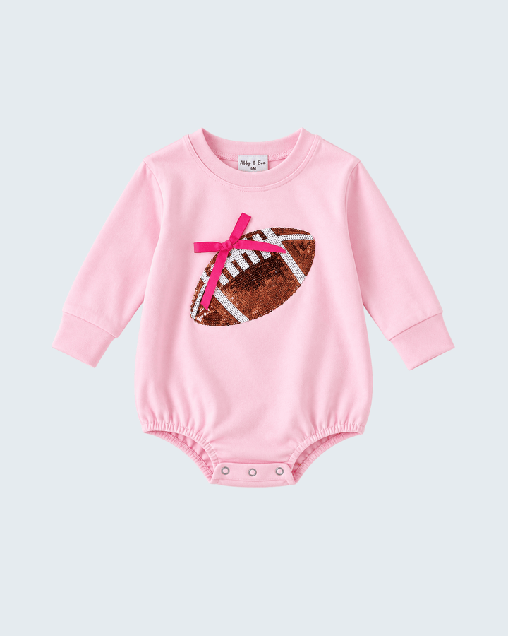 Pink sequin football bow long-sleeve bodysuit with snap closure