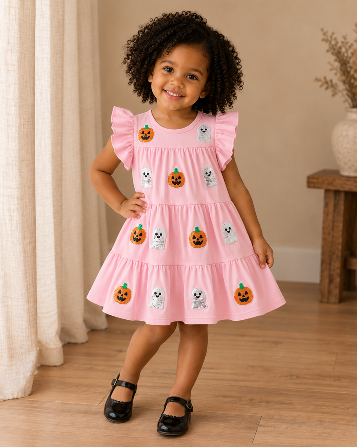 A young girl with curly dark hair stands indoors wearing a pink tiered dress with ruffled sleeves and Halloween-themed appliques, including pumpkins, ghosts, and a spider. She is wearing black Mary Jane shoes and posing in a warm, neutral-toned room with wood floors and a curtain.