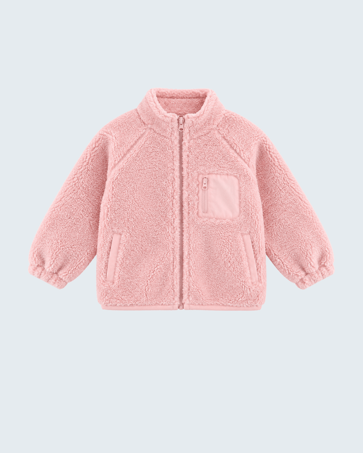 Pink sherpa fleece zip-up jacket with stand collar, front pockets, and zip placket