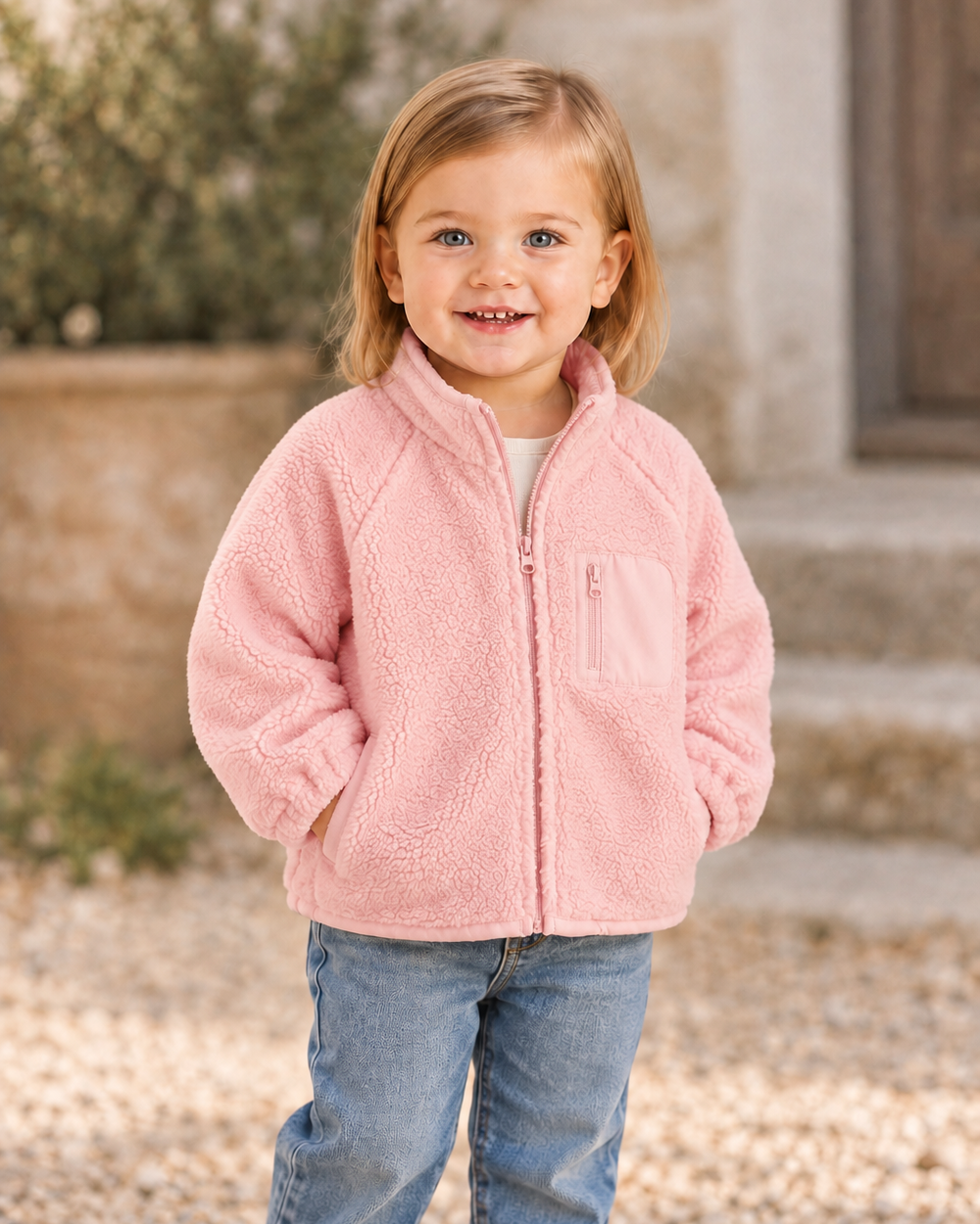 Pink sherpa fleece zip-up jacket with chest pocket and two side pockets