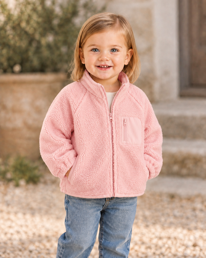 Pink sherpa fleece zip-up jacket with chest pocket and two side pockets