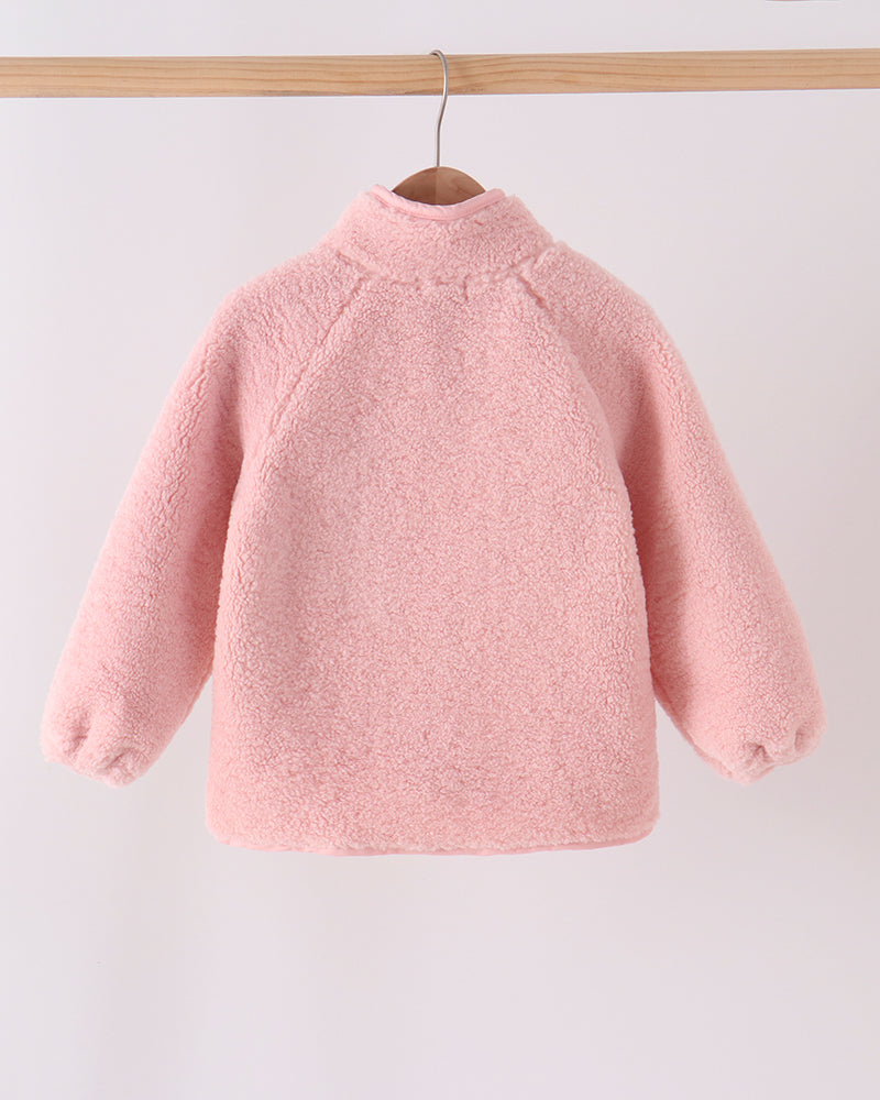 Pink fleece zip-up jacket with high collar, long sleeves, and front zipper