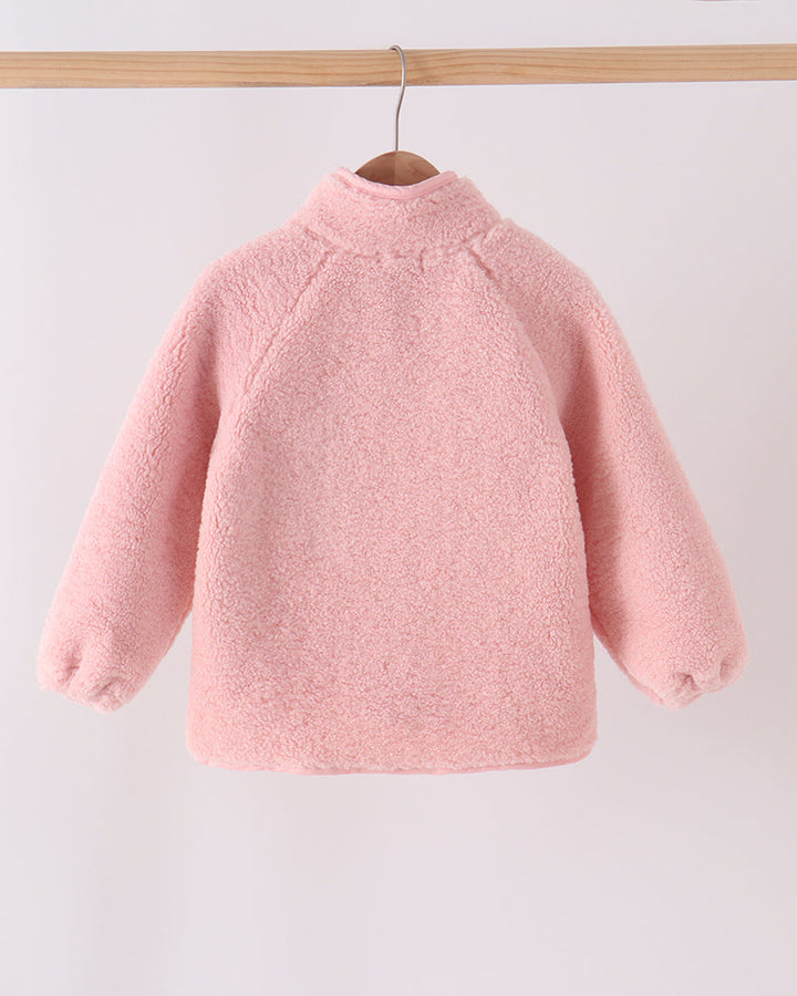 Pink fleece zip-up jacket with high collar, long sleeves, and front zipper