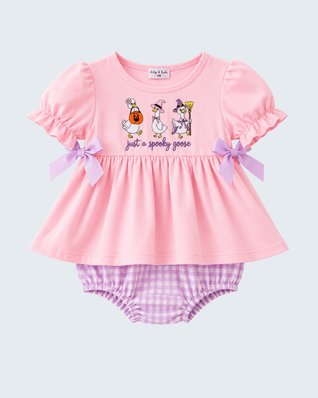 Pink embroidered baby bubble romper with puff sleeves, goose graphic, and bow trim