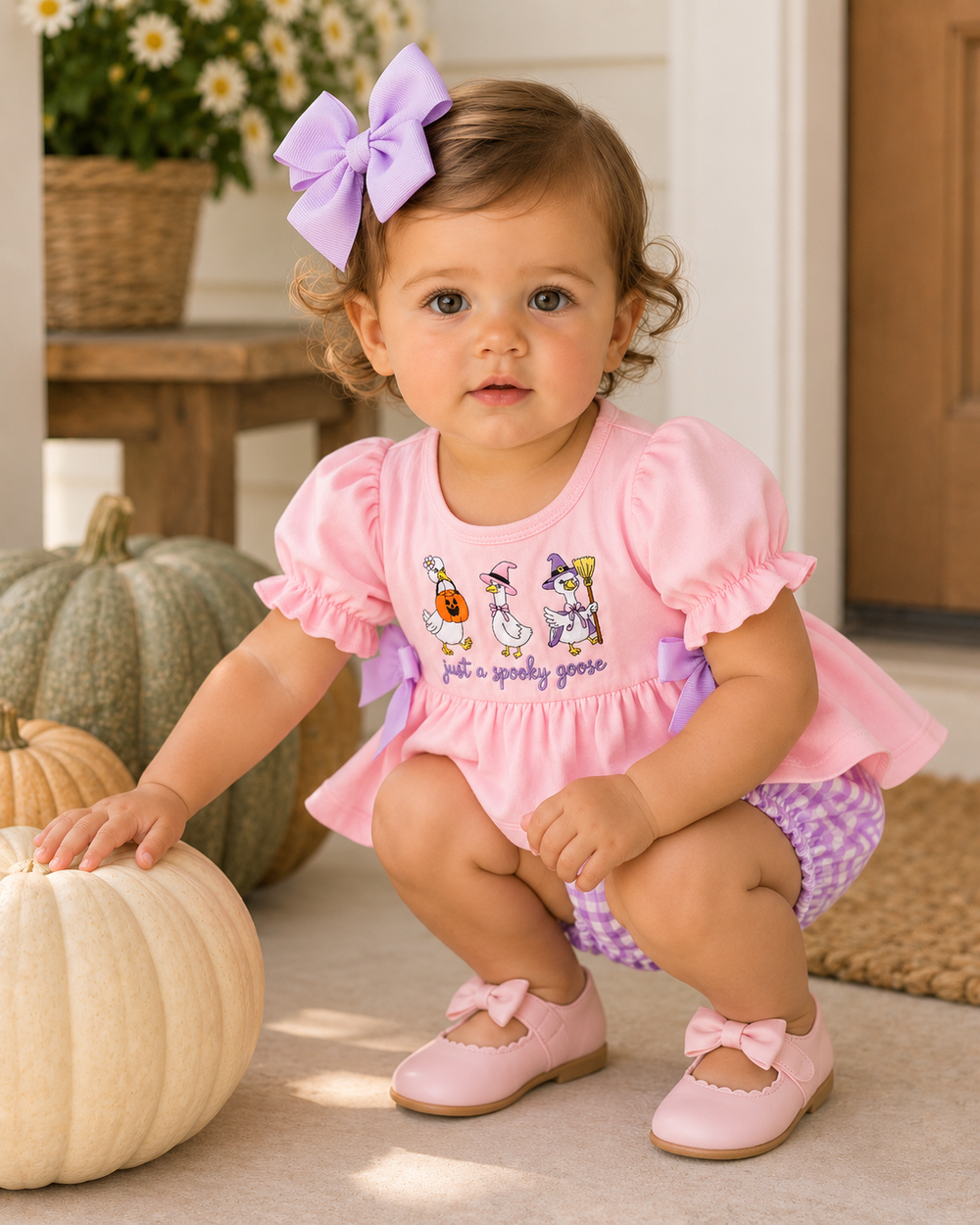 Pink baby bubble romper with embroidered goose graphic, puff sleeves, and bow-ruffle trim