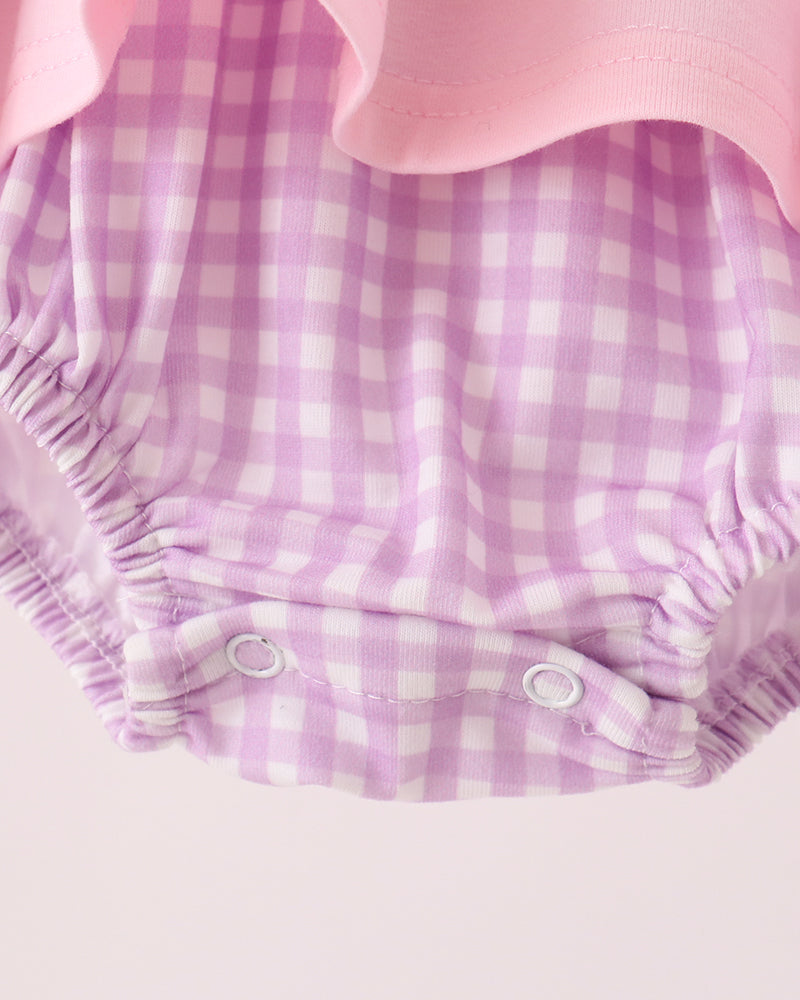 Purple gingham baby bloomer with elastic legs and snap buttons