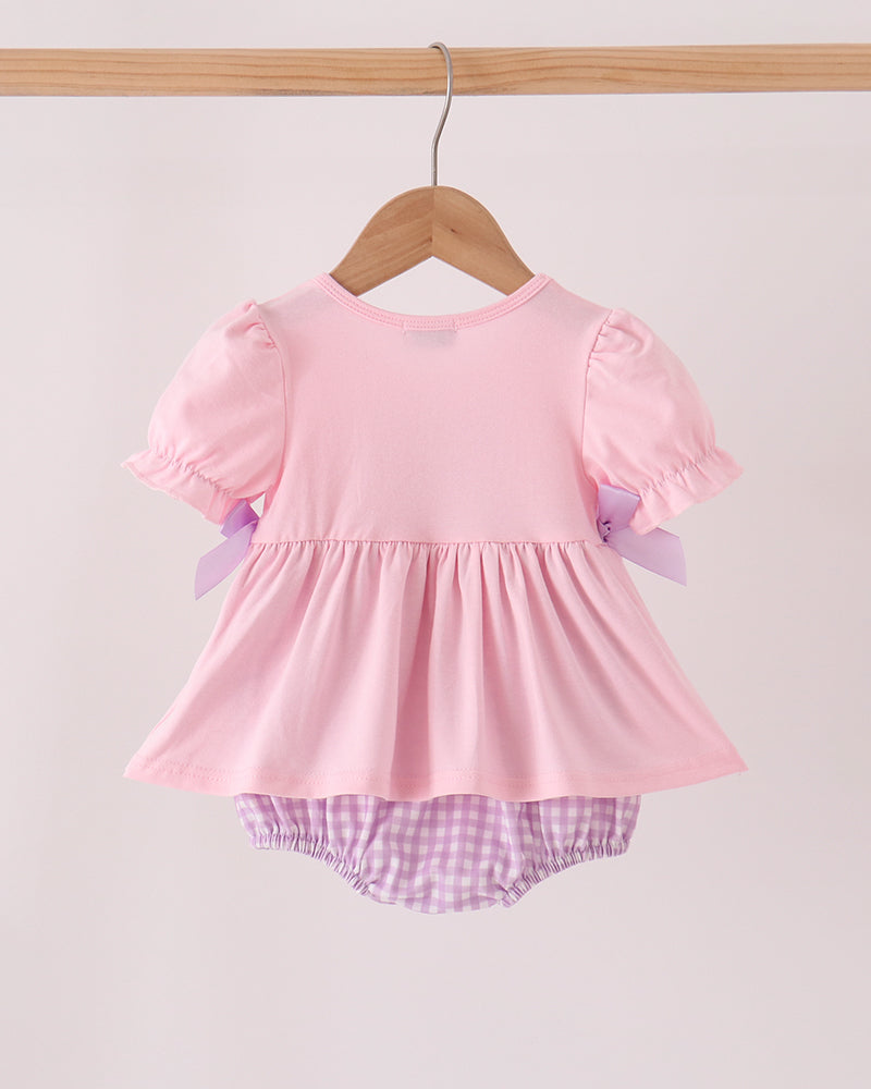 Pink baby bubble top with bow details and purple gingham bloomer