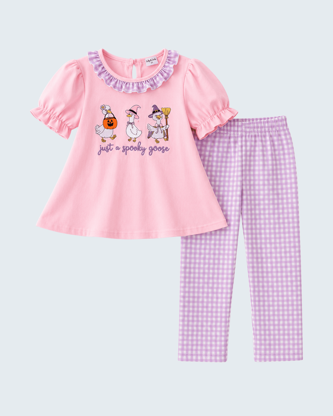 Pink short-sleeve embroidered peasant top with ruffle collar and lavender gingham leggings