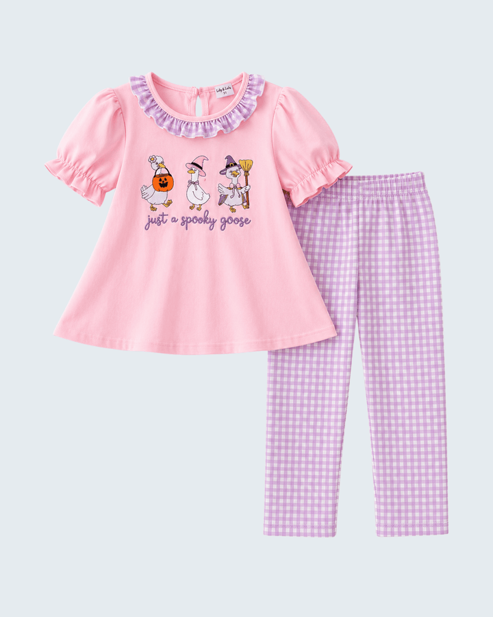 Pink short-sleeve embroidered peasant top with ruffle collar and lavender gingham leggings