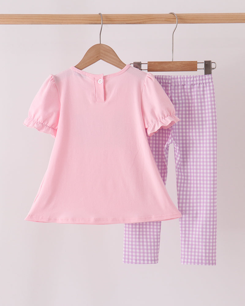 Pink ruffle top and gingham pants set with button back