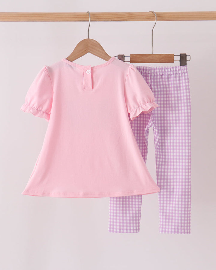 Pink ruffle top and gingham pants set with button back