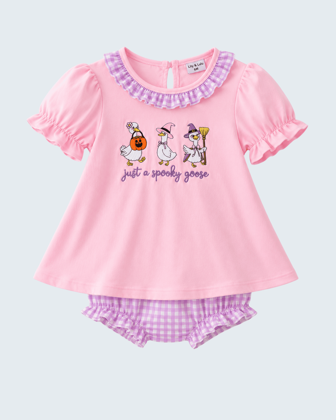 Pink toddler ruffle bloomer set with embroidered goose graphic and gingham-trim shorts