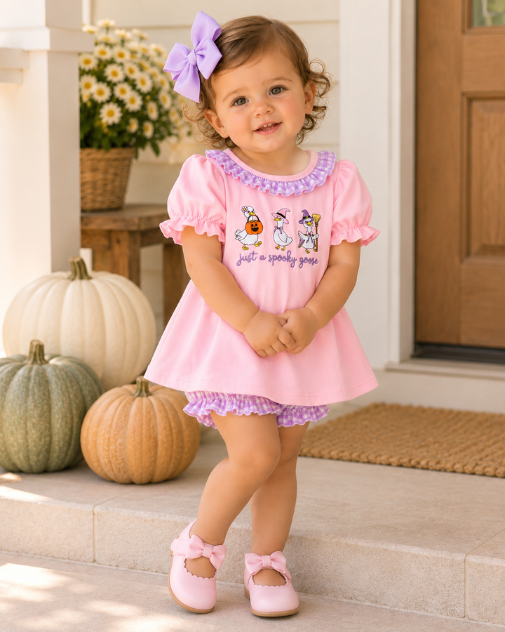Pink embroidered ruffle top and matching gingham-trim bloomer shorts, worn by toddler