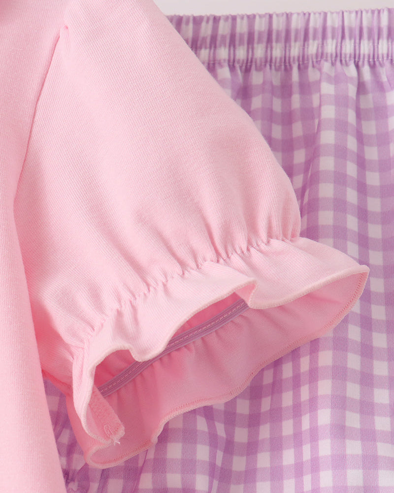 Pink top with elastic cuff ruffle and matching purple gingham bloomer