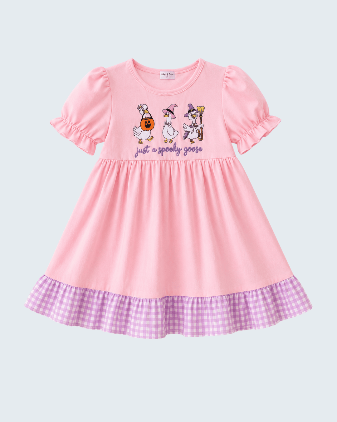 Girls pink knit dress with embroidered geese, gathered skirt, gingham ruffle hem