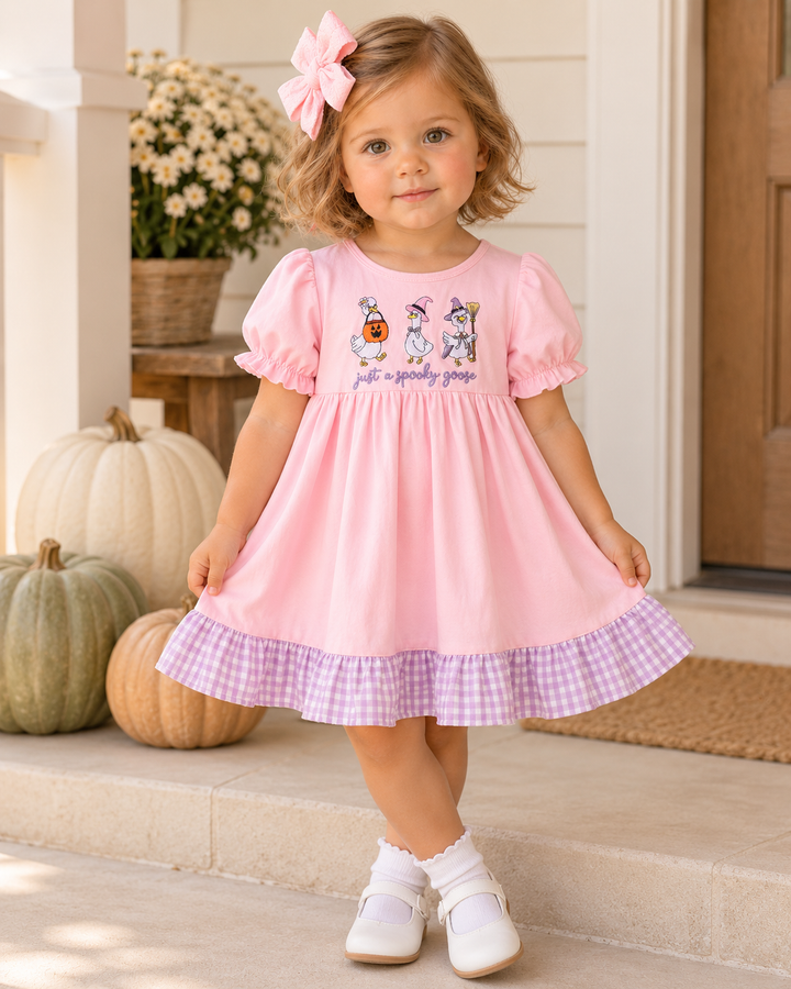 Girls pink embroidered ruffle dress with puff sleeves and gingham hem
