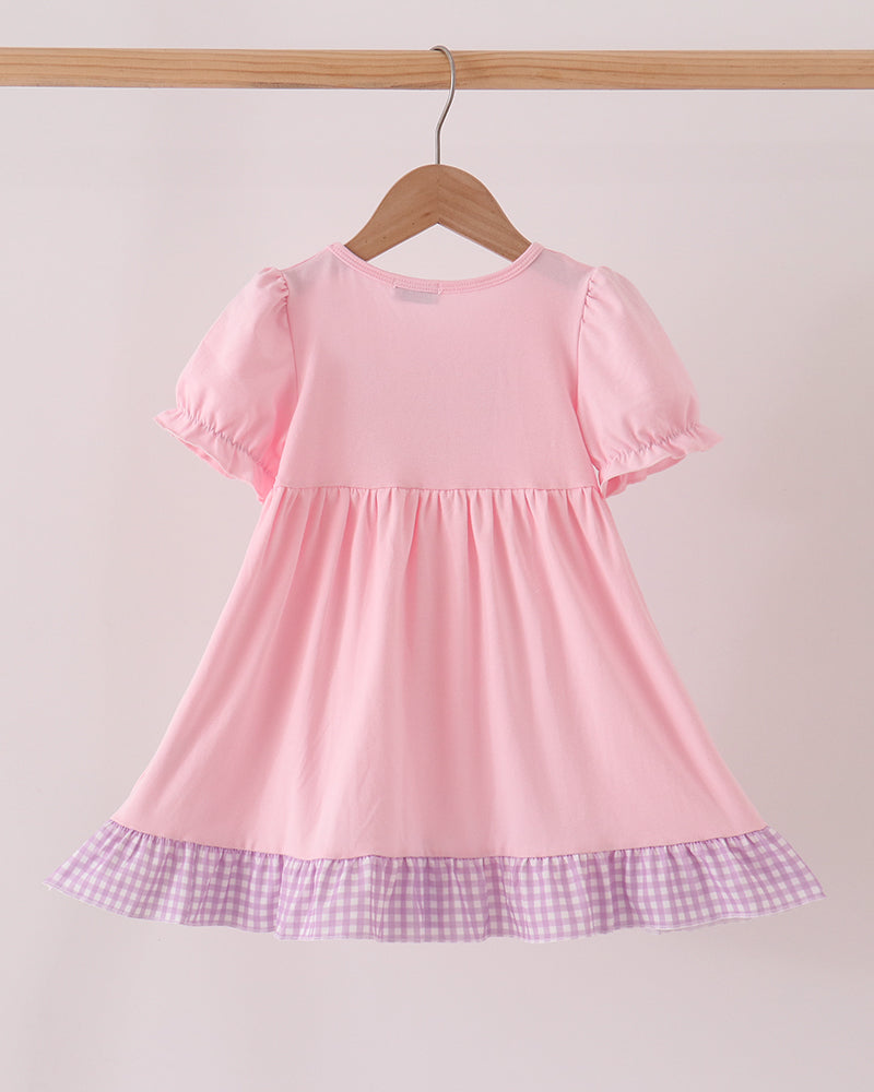 Pink gathered-waist ruffle dress with puff sleeves and gingham hem