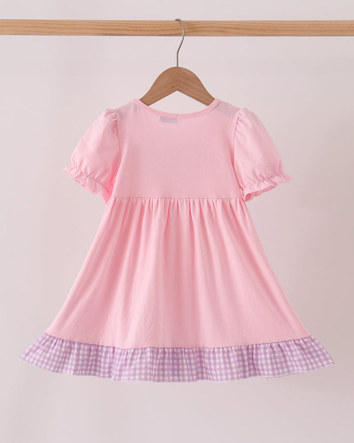 Pink gathered-waist ruffle dress with puff sleeves and gingham hem