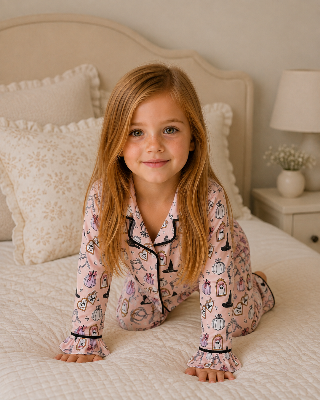 A young girl with long light brown hair sits on a white quilted bed wearing a pink long-sleeve pajama set with a whimsical pumpkin and witch illustration pattern and black trim.
