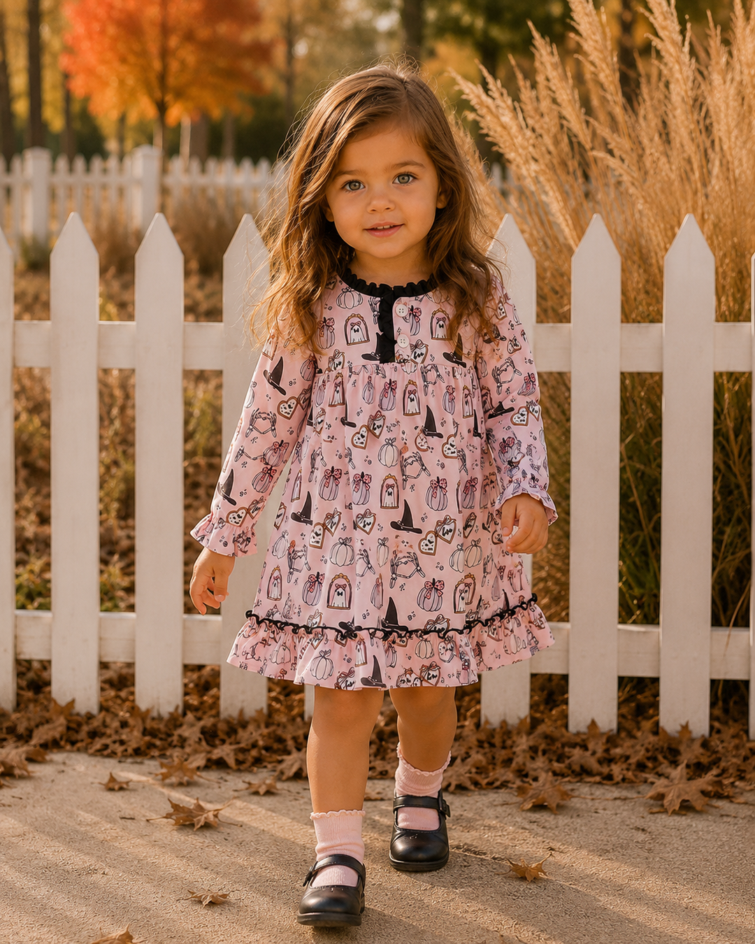 A young girl stands outdoors in front of a white picket fence wearing a pink long-sleeve dress with a black ruffled collar and hem, an allover witch-themed print, pink socks, and black Mary Jane shoes.