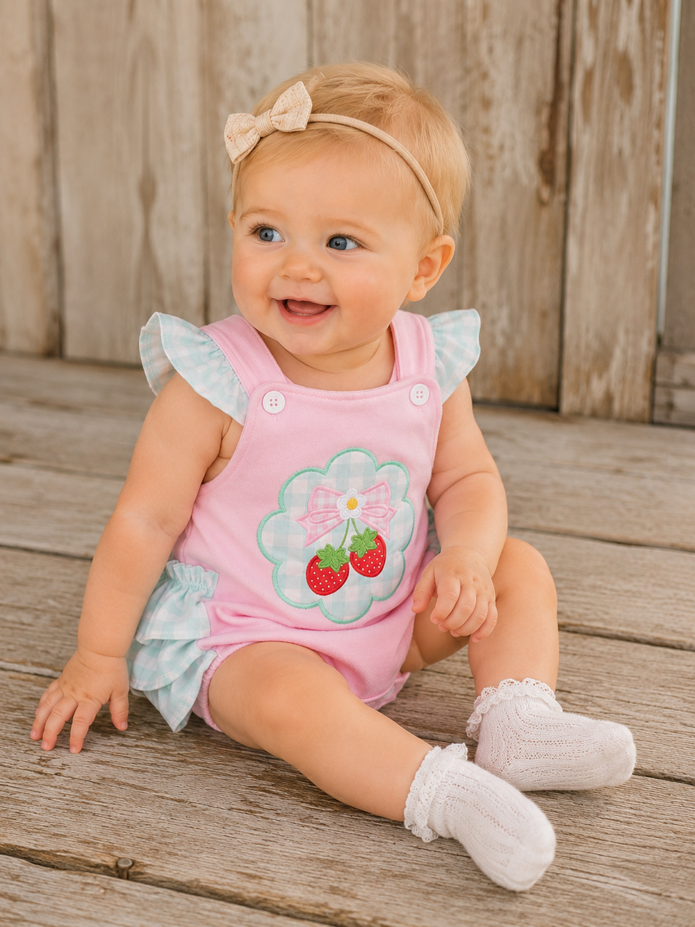 Baby girl in a pink outfit with floral design sitting on wooden steps.