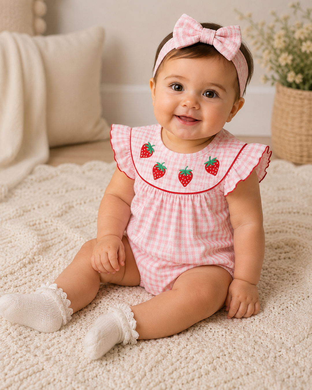 Baby wearing a pink checkered outfit with strawberry designs and a matching headband, sitting on a beige carpet.