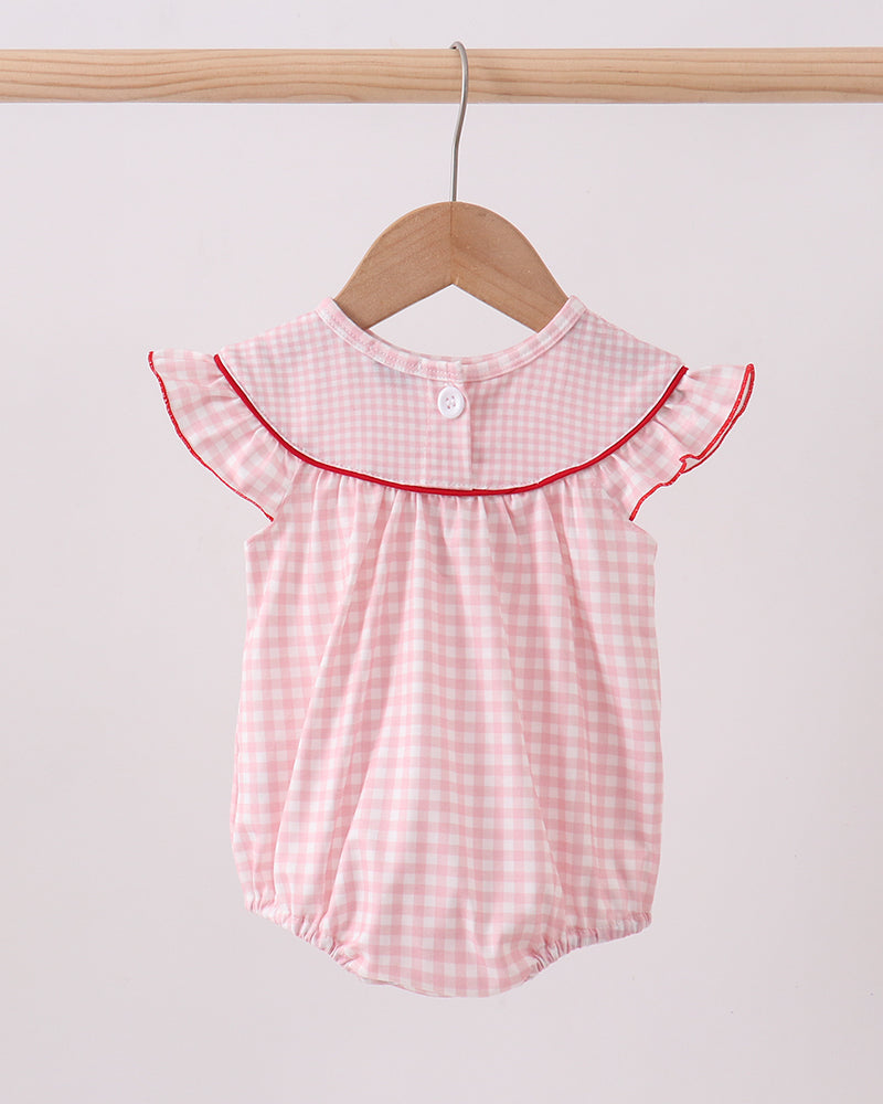 Pink Strawberry Embroidered Gingham Bubble on wooden hanger
