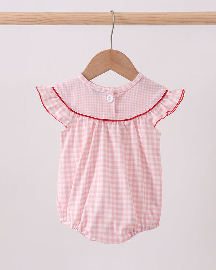 Pink Strawberry Embroidered Gingham Bubble on wooden hanger