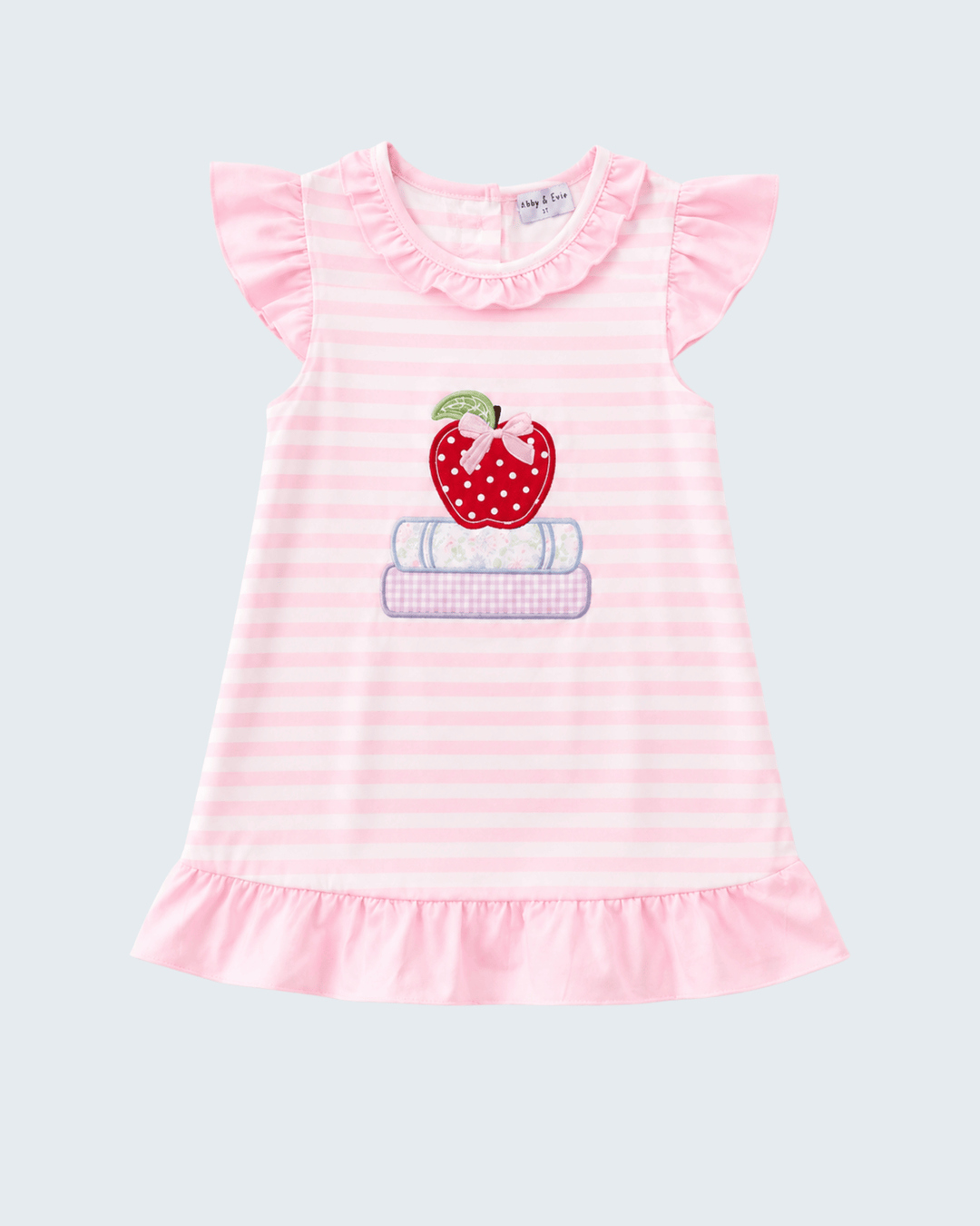 Pink Stripe Apple Book Appliqué Dress on light grey background