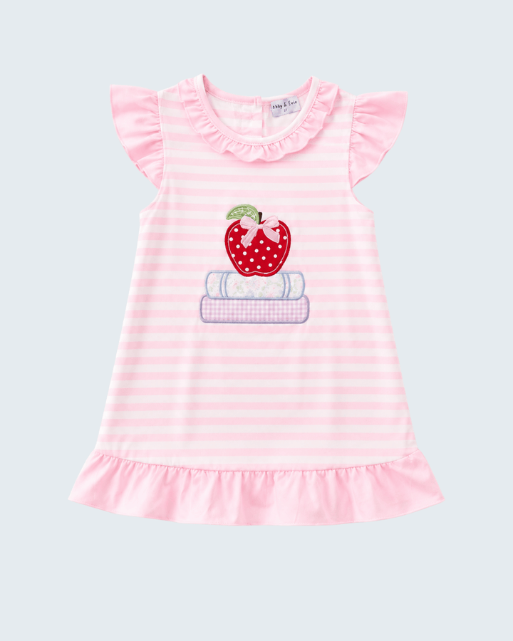 Pink Stripe Apple Book Appliqué Dress on light grey background