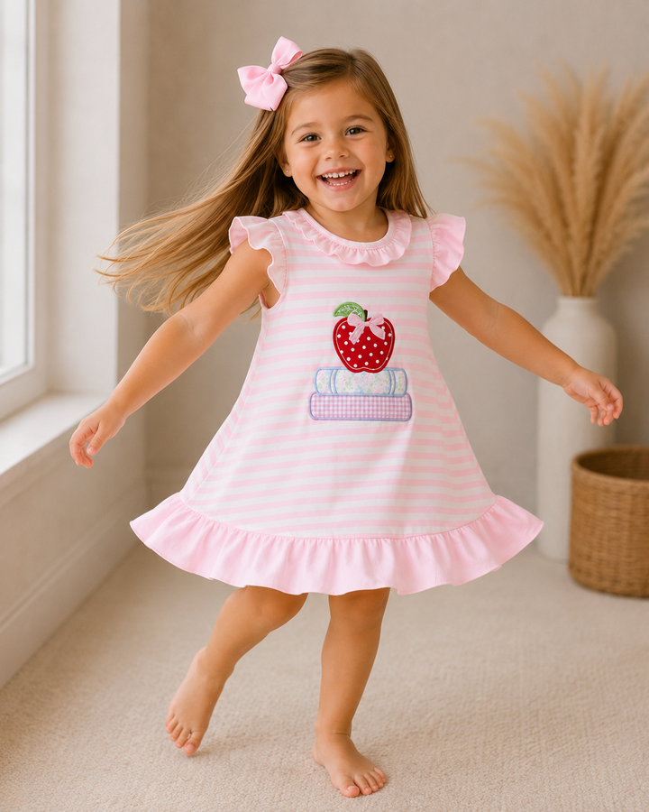 Young girl in a pink dress is twirling, laughing. 