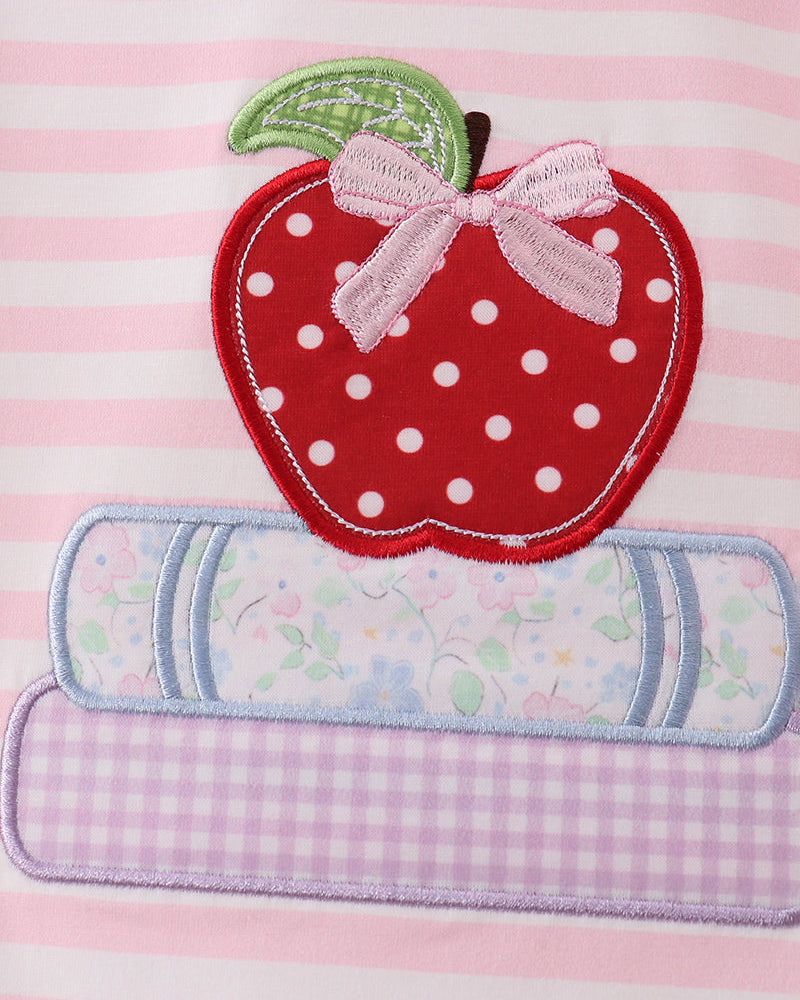 Apple and books applique on pink stripe fabric