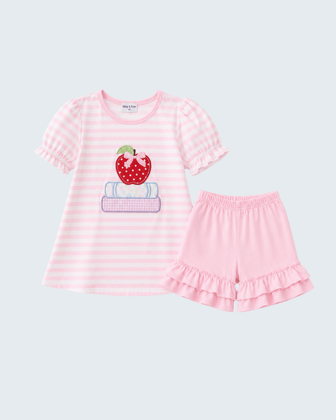 Pink striped tunic set with strawberry apple applique and ruffle-trim shorts