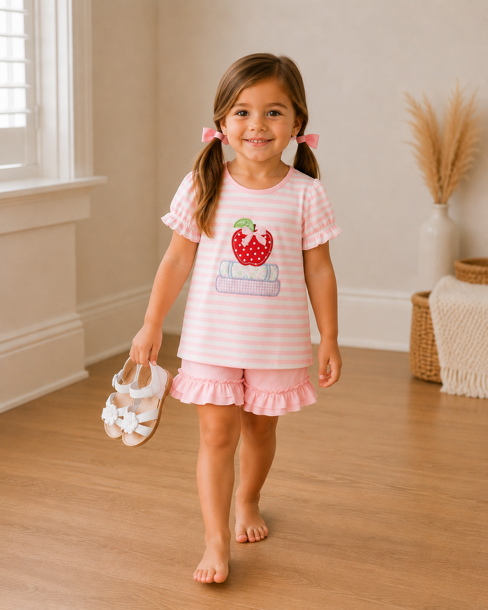 Pink striped apple-and-book appliqué ruffle set with short-sleeve top and ruffle shorts