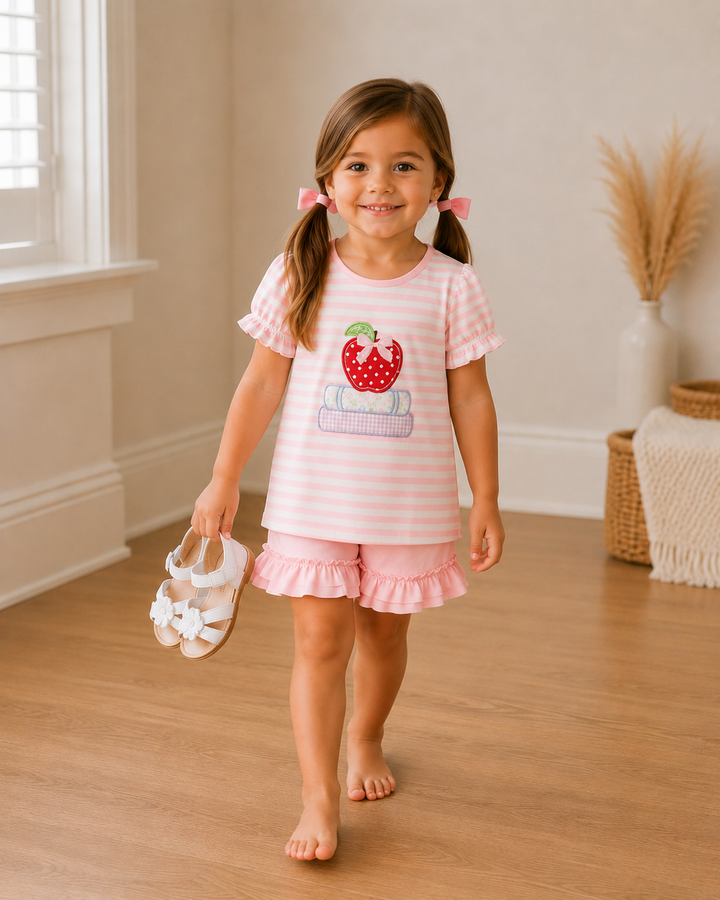 Pink striped apple-and-book appliqué ruffle set with short-sleeve top and ruffle shorts